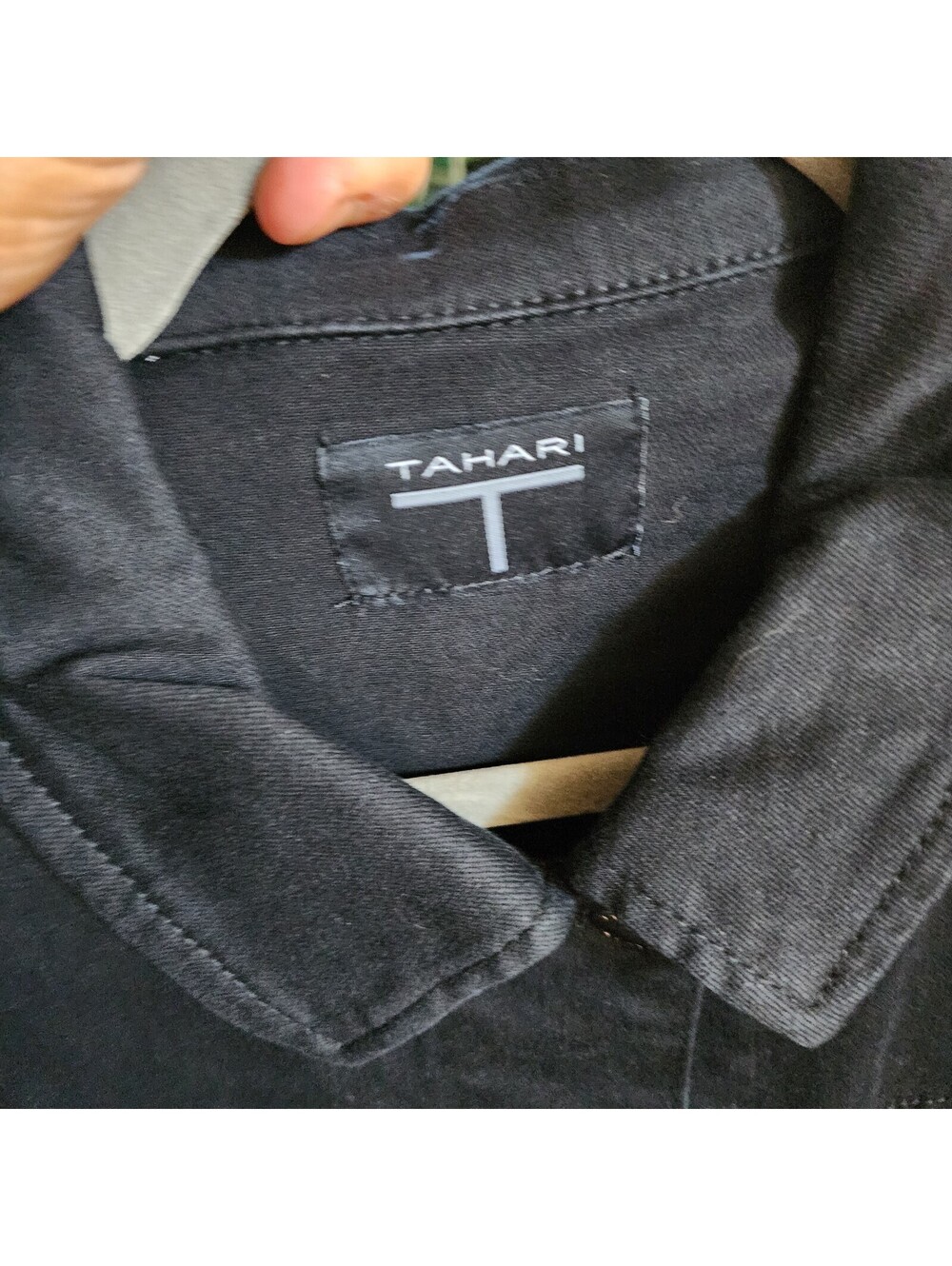 Tahari Black Denim Cropped Jacket — Estimated XL, Raw Hem